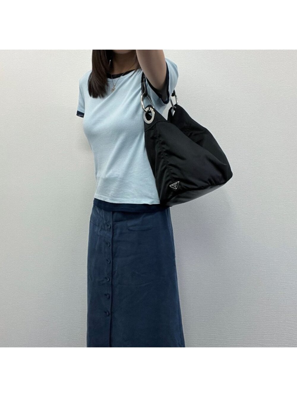 Prada Tessuto Triangle Logo Eyelet Shoulder Bag Nylon Leather Black Silver